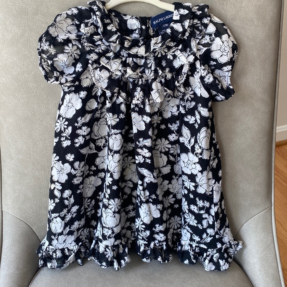 Ralph Lauren Baby Girl Black and White Floral Dress Size 12M